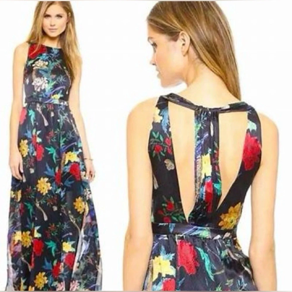 Alice + Olivia Elis Black Floral Print Silk Maxi Dress EUC Size 8 - Picture 2 of 7